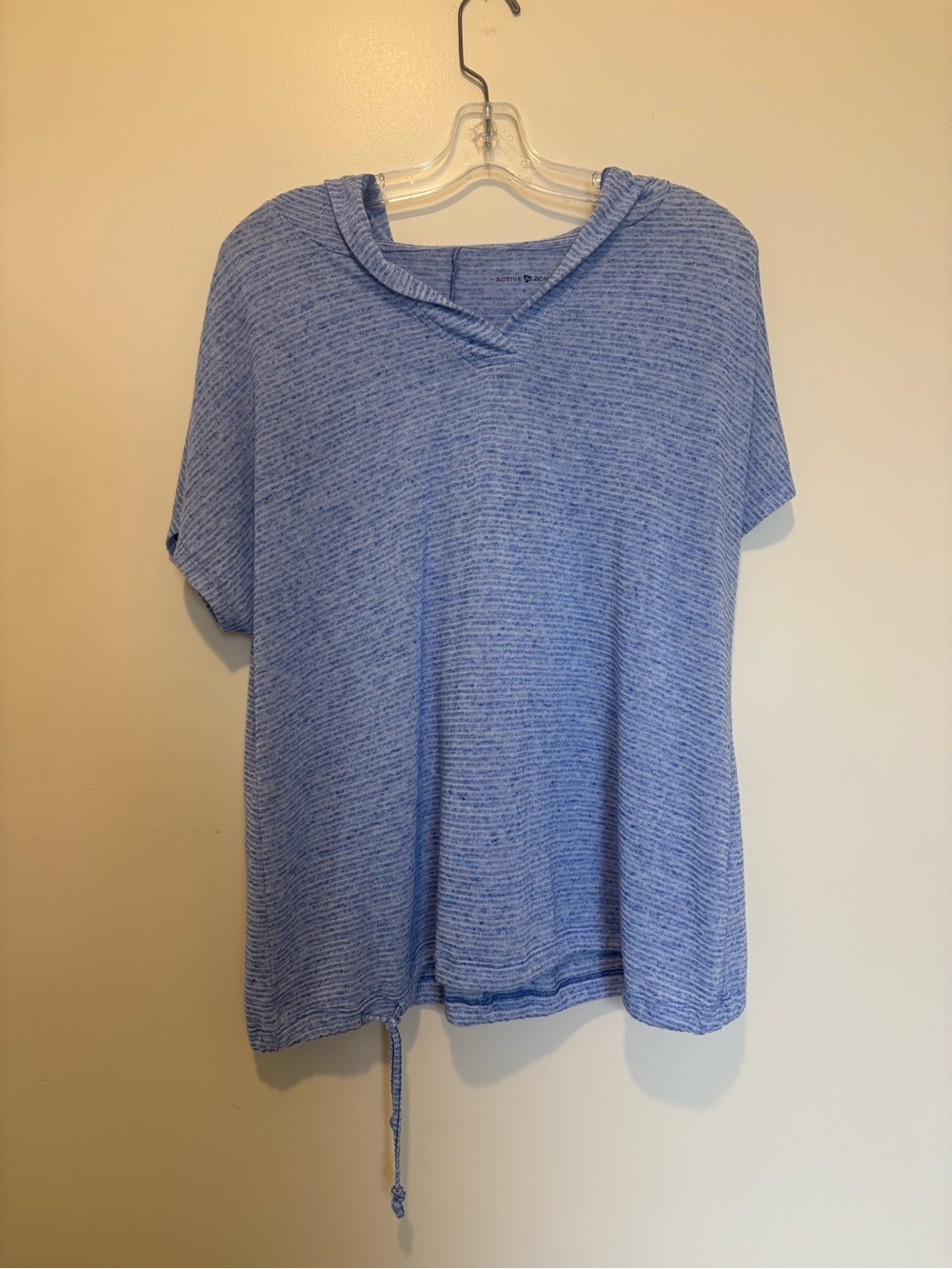 Women’s Active Zone Casual Heathered Blue V-Neck Hooded Short Sleeve Top  Size X